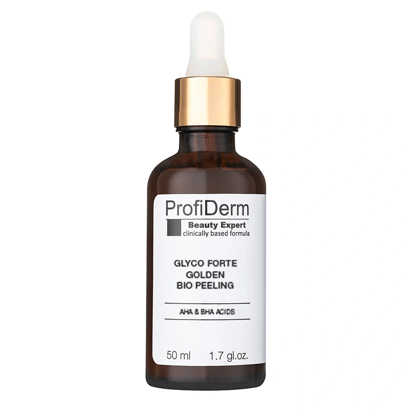 Glyco Forte Golden happekoorija kuldse tooniga vedelikuga 50 ml klaaspudelis ja pipetiga.